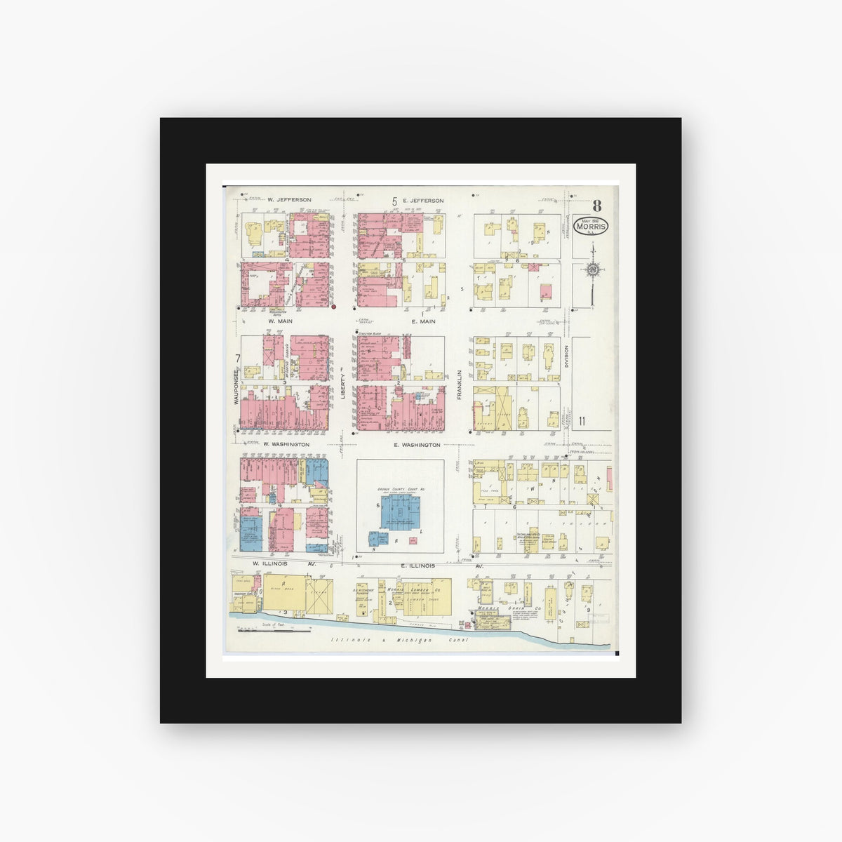Old map wall art mockup — black gallery frame with white mat — Sanborn Fire Insurance Map from Morris, Grundy County, Illinois (1916), Sheet #0008