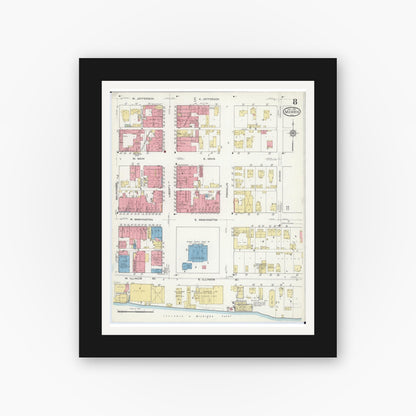 Old map wall art mockup — black gallery frame with white mat — Sanborn Fire Insurance Map from Morris, Grundy County, Illinois (1916), Sheet #0008