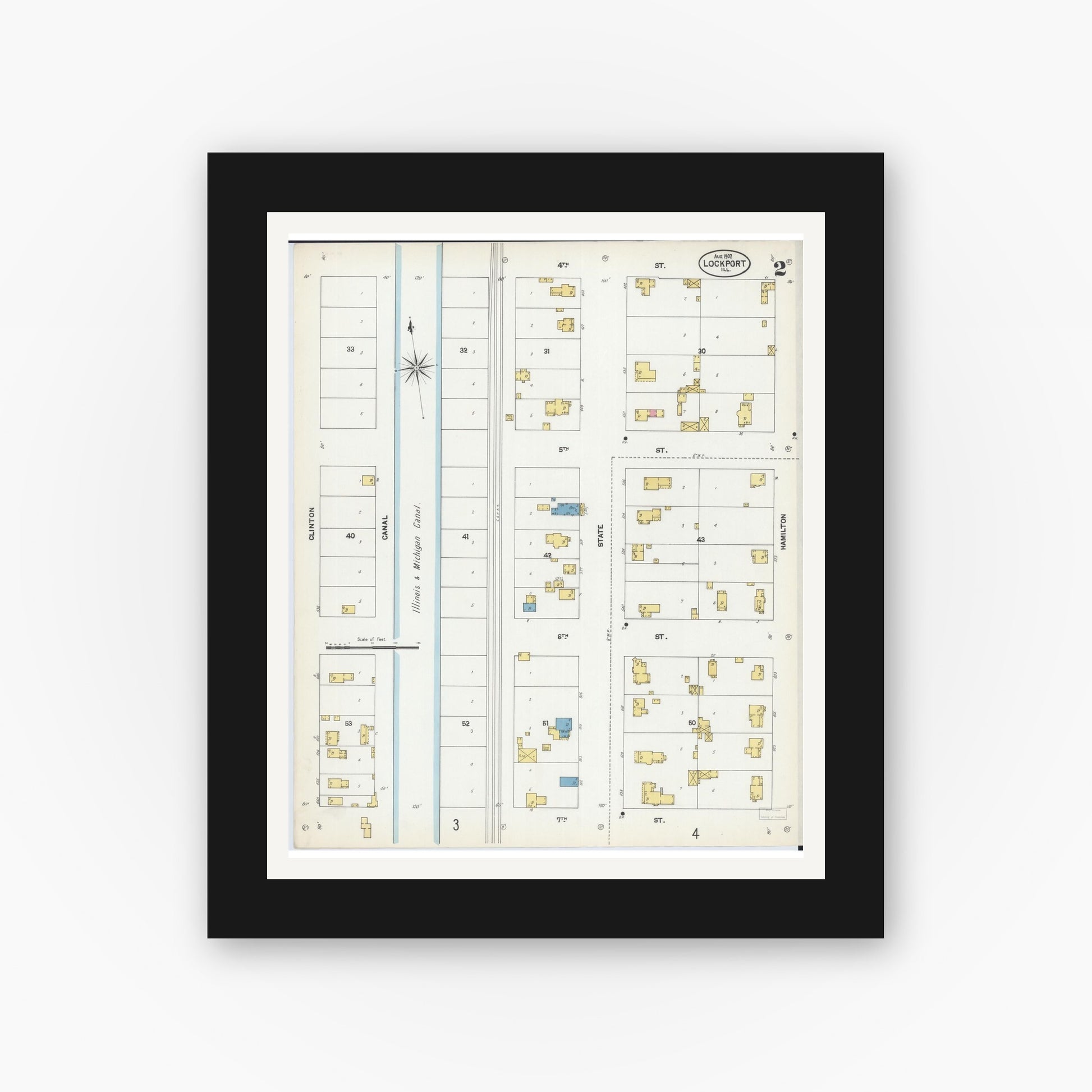 Old map wall art mockup — black gallery frame with white mat — Sanborn Fire Insurance Map from Lockport, Will County, Illinois (1902), Sheet #0002