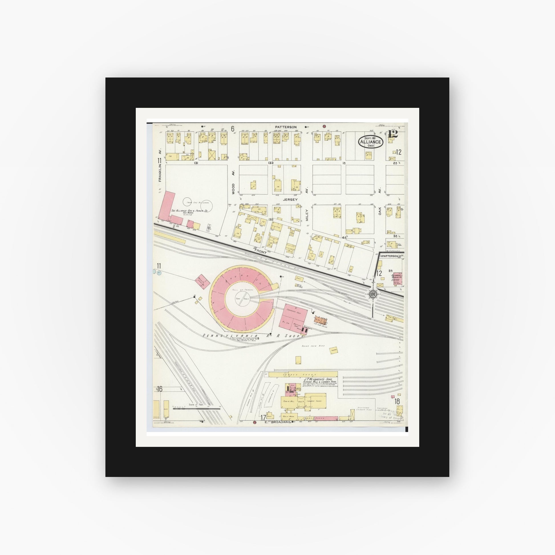Old map wall art mockup — black gallery frame with white mat — Sanborn Fire Insurance Map from Alliance, Stark County, Ohio (1911), Sheet #0012