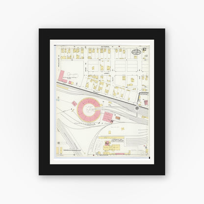 Old map wall art mockup — black gallery frame with white mat — Sanborn Fire Insurance Map from Alliance, Stark County, Ohio (1911), Sheet #0012