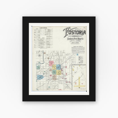 Old map wall art mockup — black gallery frame with white mat — Sanborn Fire Insurance Map from Fostoria, Seneca, Hancock, And Wood Counties, Ohio (1896), Sheet #0001