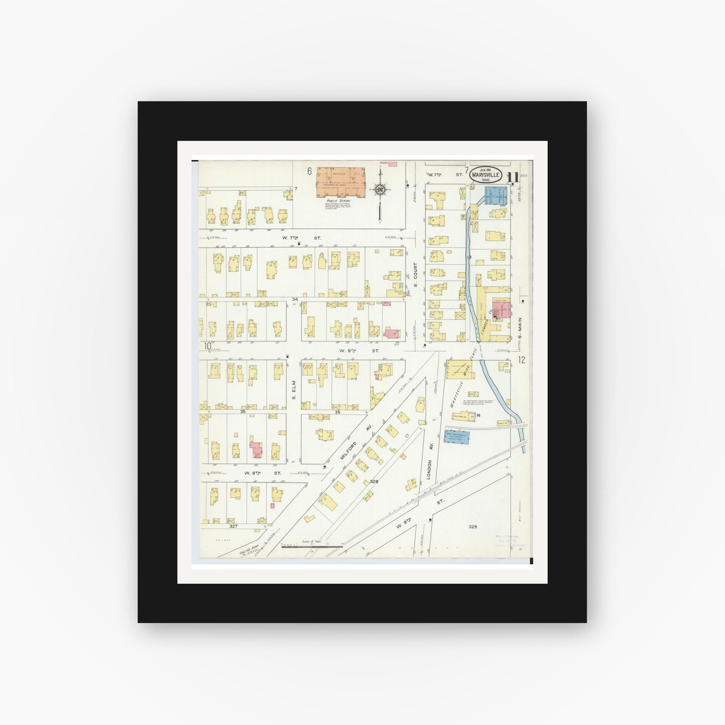 Old map wall art mockup — black gallery frame with white mat — Sanborn Fire Insurance Map from Marysville, Union County, Ohio (1916), Sheet #0011