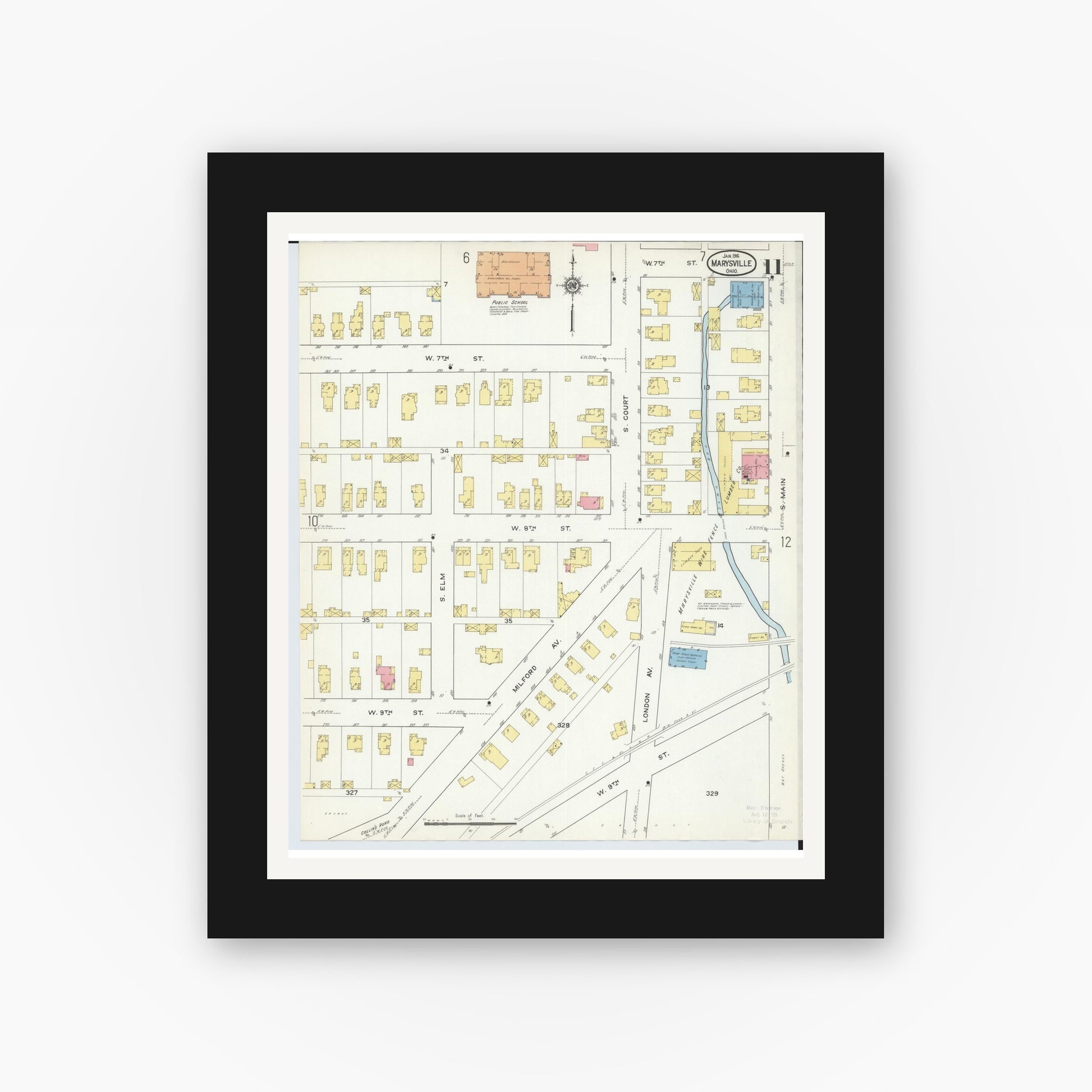 Old map wall art mockup — black gallery frame with white mat — Sanborn Fire Insurance Map from Marysville, Union County, Ohio (1916), Sheet #0011