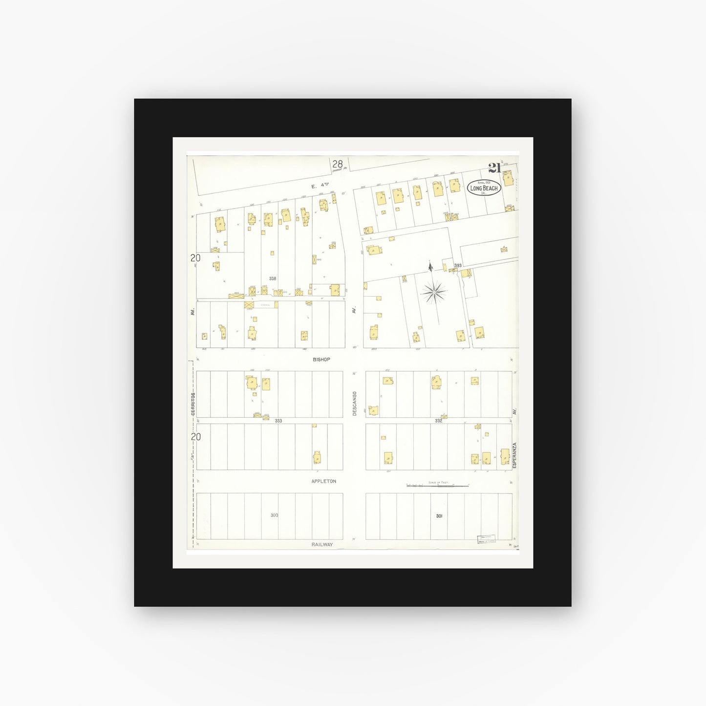 Old map wall art mockup — black gallery frame with white mat — Sanborn Fire Insurance Map from Long Beach, Los Angeles County, California (1905), Sheet #0021