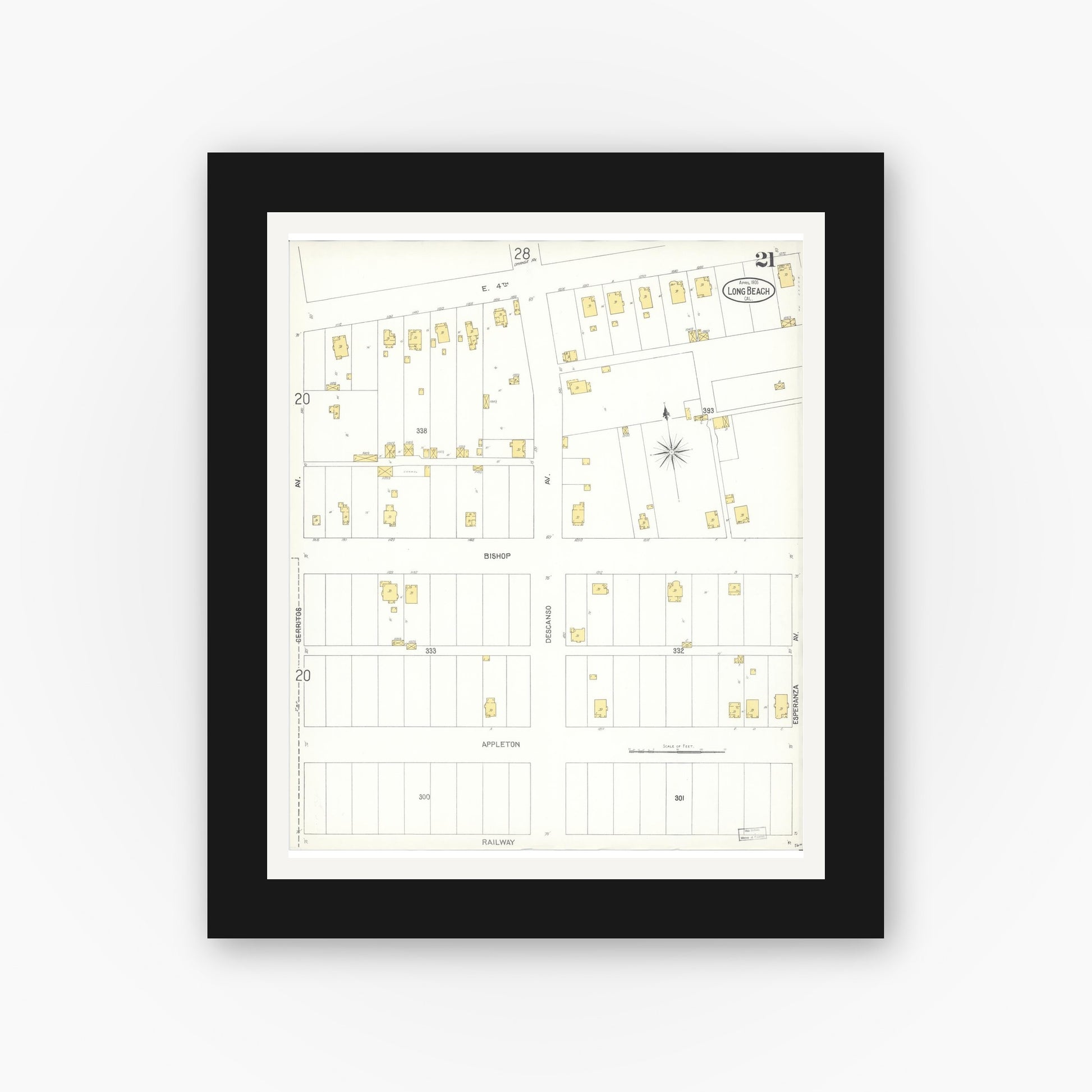 Old map wall art mockup — black gallery frame with white mat — Sanborn Fire Insurance Map from Long Beach, Los Angeles County, California (1905), Sheet #0021