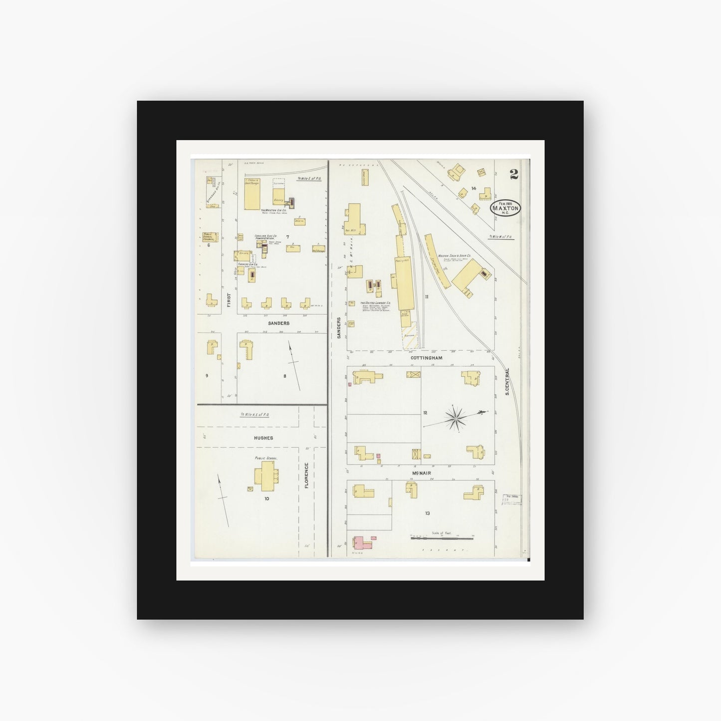 Old map wall art mockup — black gallery frame with white mat — Sanborn Fire Insurance Map from Maxton, Robeson County, North Carolina (1905), Sheet #0002
