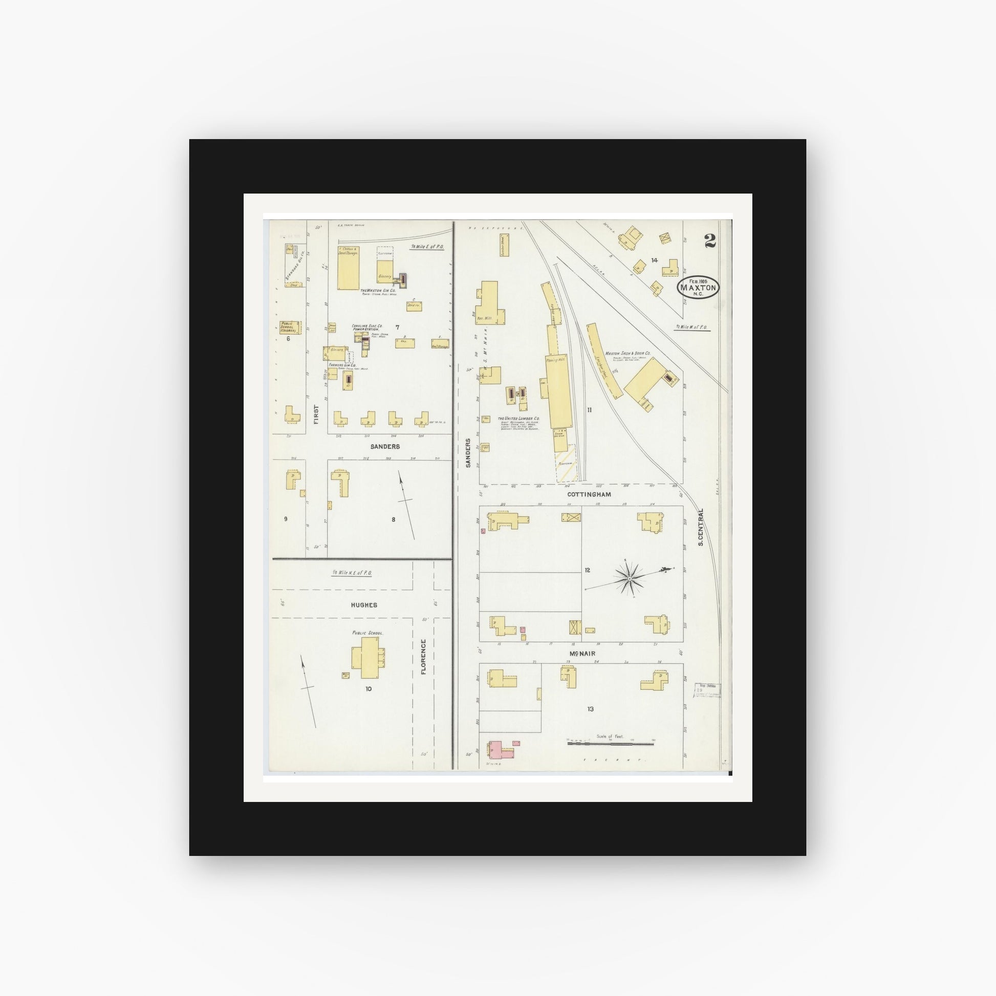 Old map wall art mockup — black gallery frame with white mat — Sanborn Fire Insurance Map from Maxton, Robeson County, North Carolina (1905), Sheet #0002
