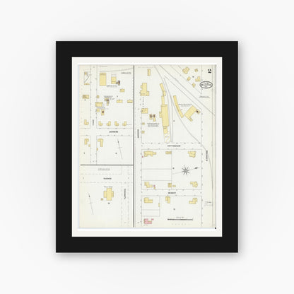 Old map wall art mockup — black gallery frame with white mat — Sanborn Fire Insurance Map from Maxton, Robeson County, North Carolina (1905), Sheet #0002