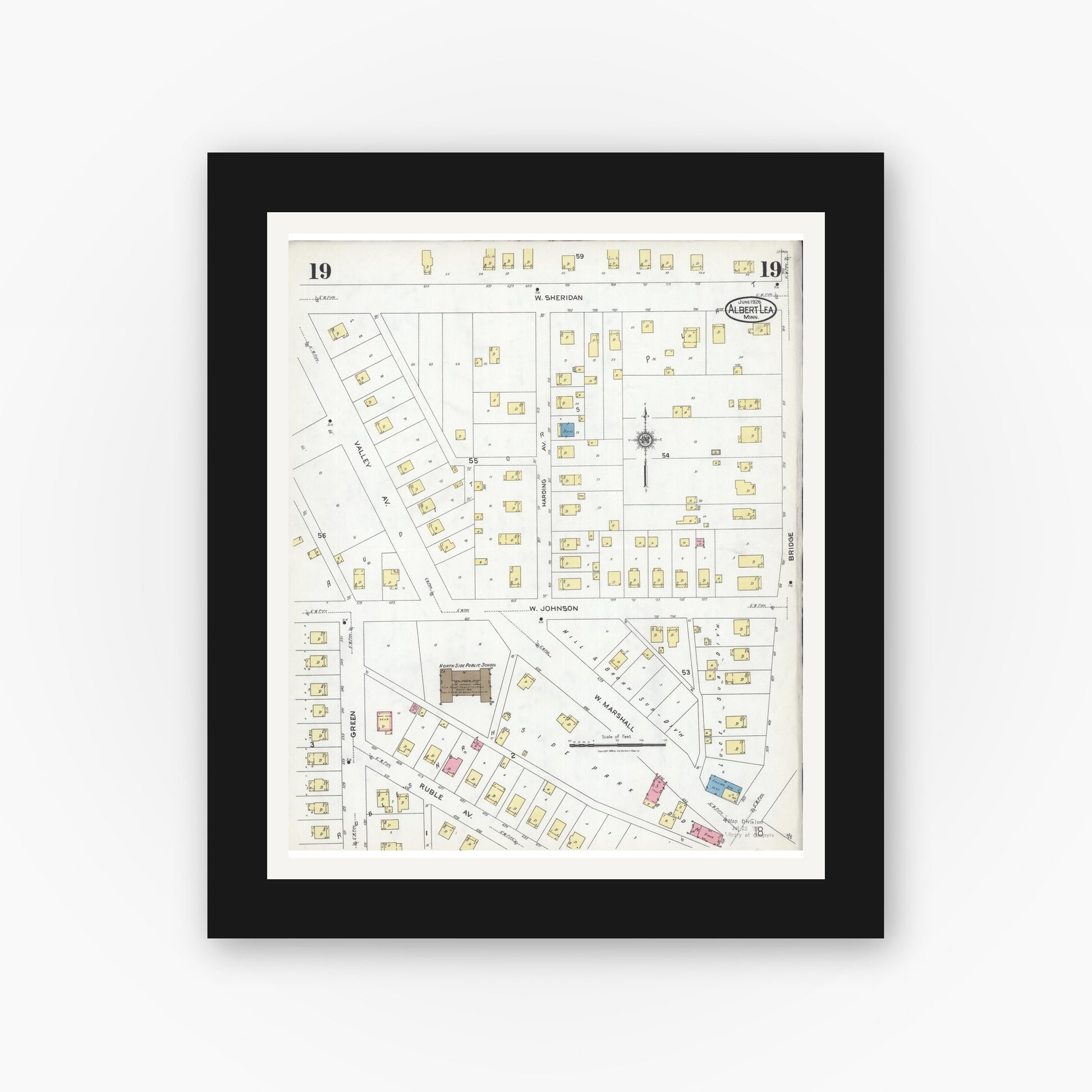 Old map wall art mockup — black gallery frame with white mat — Sanborn Fire Insurance Map from Albert Lea, Freeborn County, Minnesota (1926), Sheet #0019
