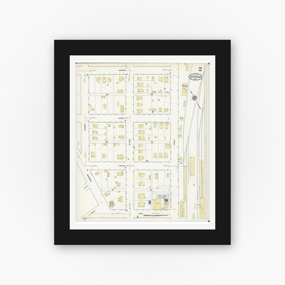 Old map wall art mockup — black gallery frame with white mat — Sanborn Fire Insurance Map from Spooner, Washburn County, Wisconsin (1917), Sheet #0002