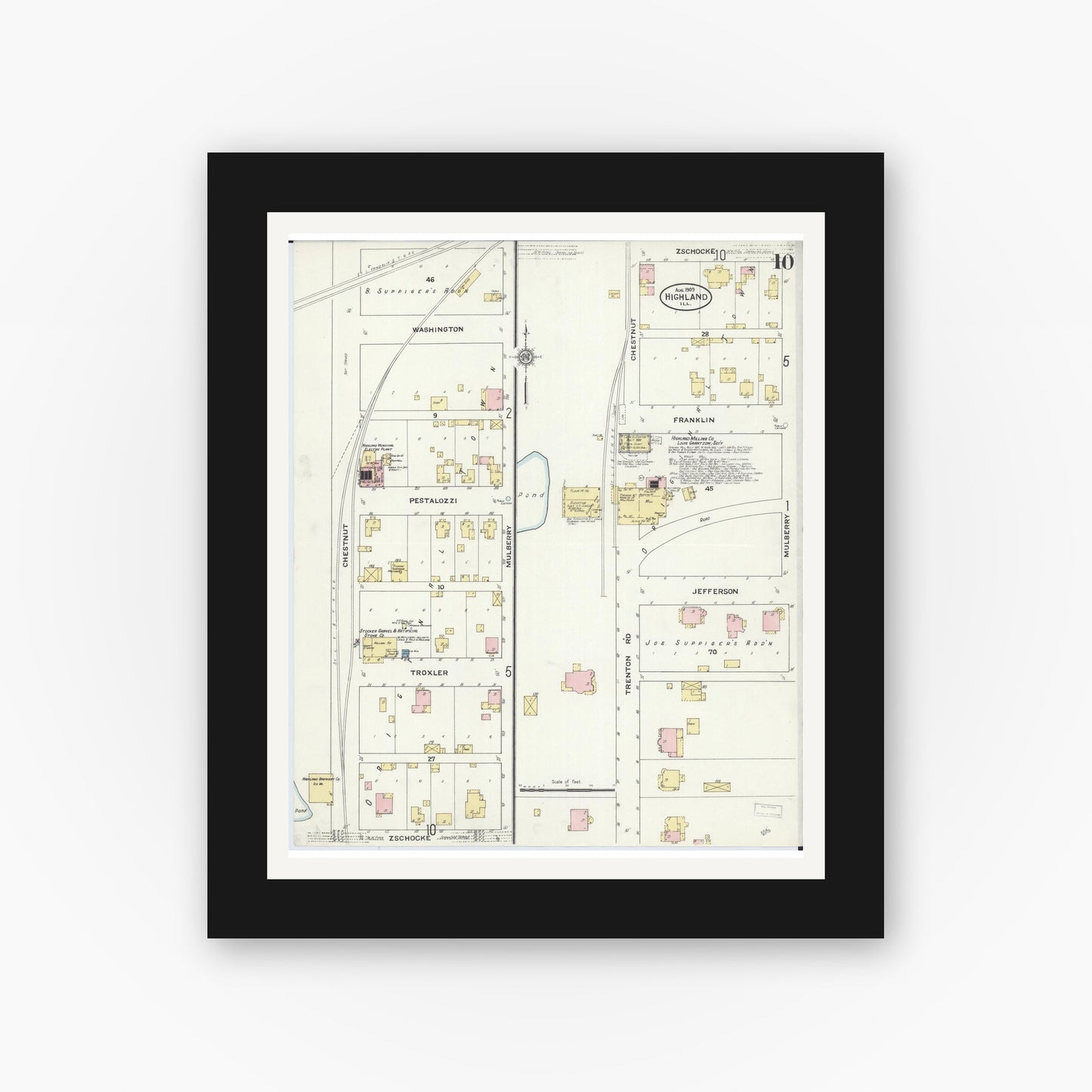 Old map wall art mockup — black gallery frame with white mat — Sanborn Fire Insurance Map from Highland, Madison County, Illinois (1908), Sheet #0010