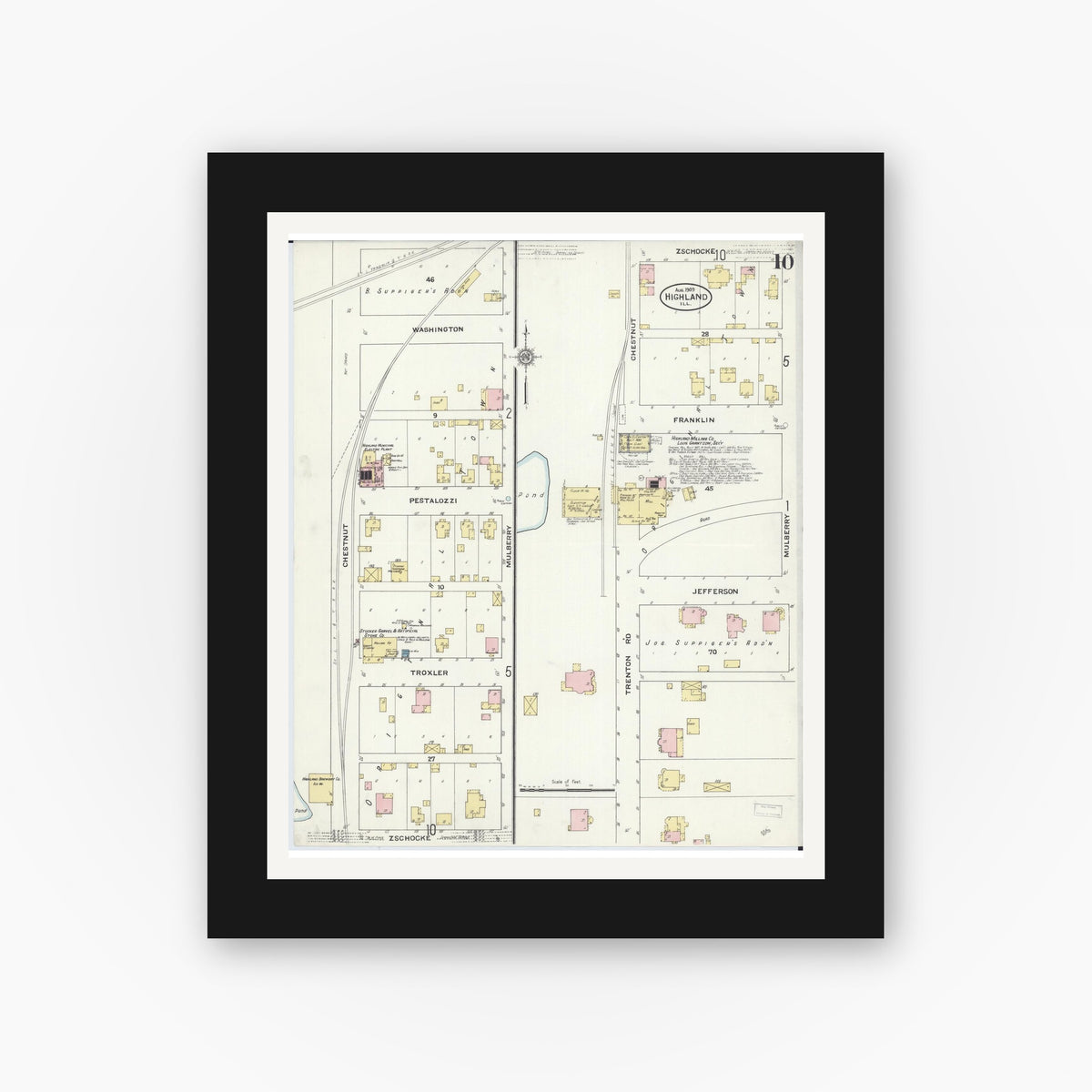 Old map wall art mockup — black gallery frame with white mat — Sanborn Fire Insurance Map from Highland, Madison County, Illinois (1908), Sheet #0010