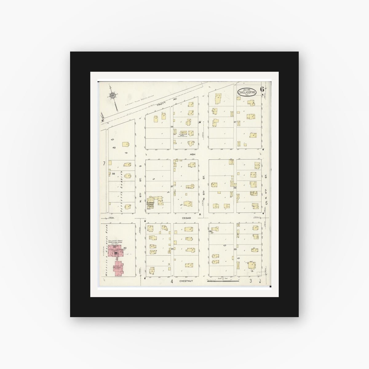 Old map wall art mockup — black gallery frame with white mat — Sanborn Fire Insurance Map from Chillicothe, Peoria County, Illinois (1913), Sheet #0006
