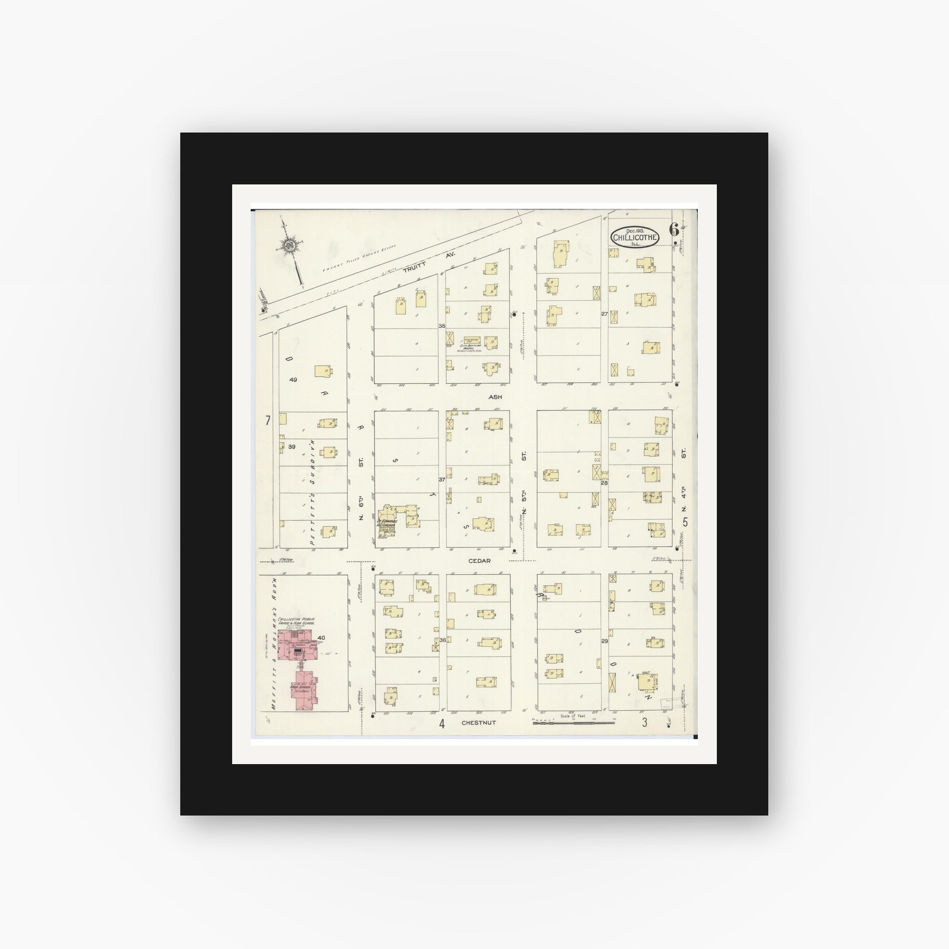 Old map wall art mockup — black gallery frame with white mat — Sanborn Fire Insurance Map from Chillicothe, Peoria County, Illinois (1913), Sheet #0006
