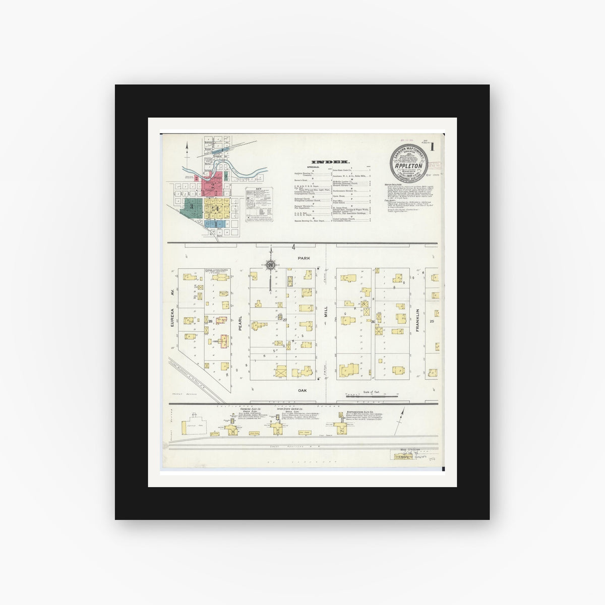 Old map wall art mockup — black gallery frame with white mat — Sanborn Fire Insurance Map from Appleton, Swift County, Minnesota (1909) - Complete Map Set