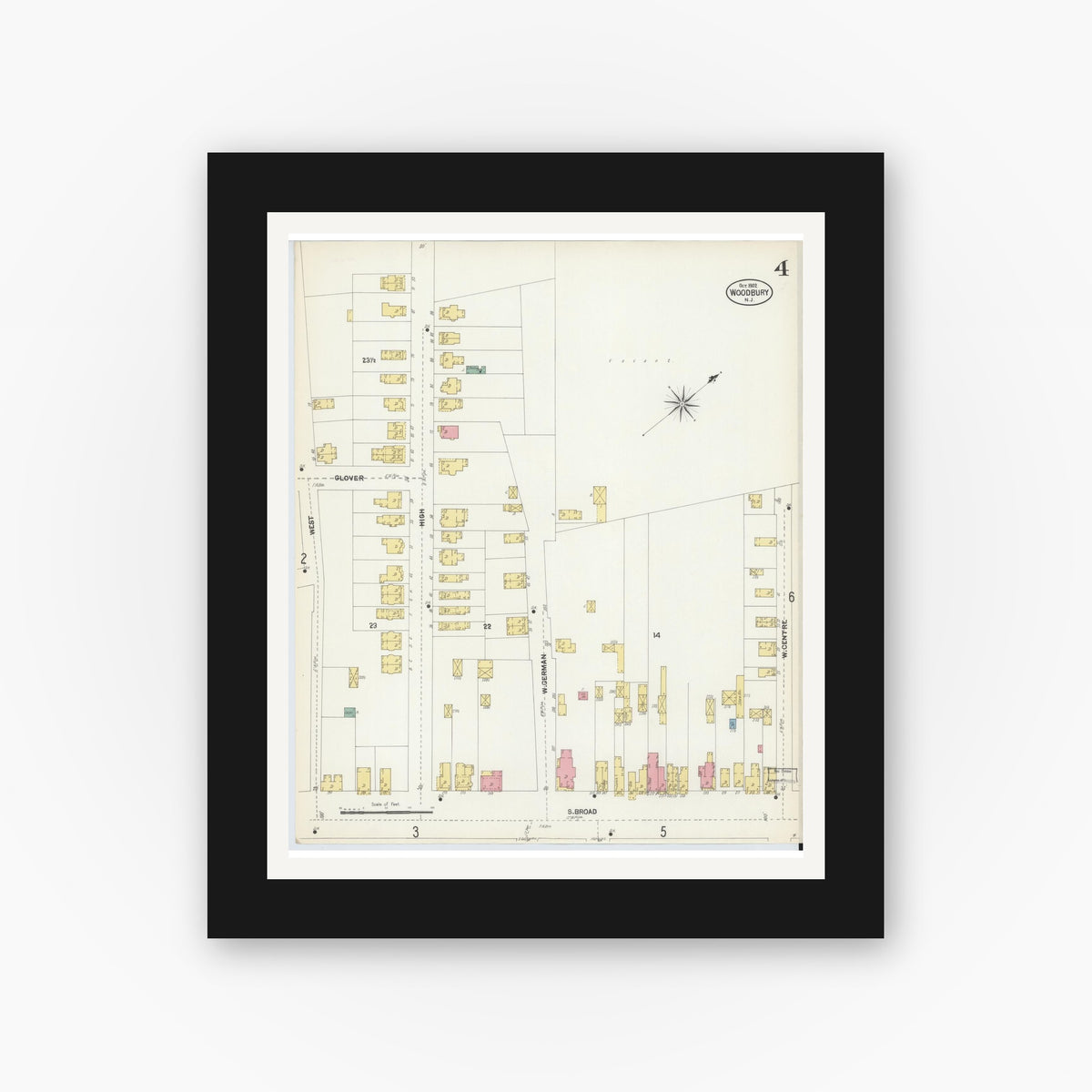 Old map wall art mockup — black gallery frame with white mat — Sanborn Fire Insurance Map from Woodbury, Gloucester County, New Jersey (1902), Sheet #0004