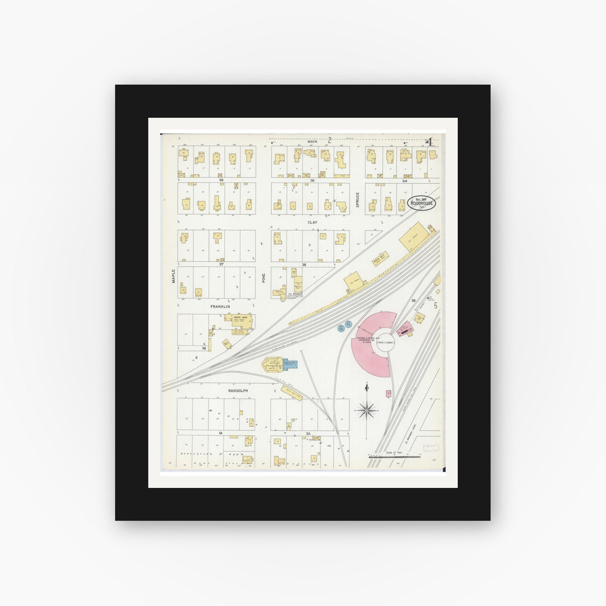 Old map wall art mockup — black gallery frame with white mat — Sanborn Fire Insurance Map from Roodhouse, Greene County, Illinois (1906), Sheet #0004