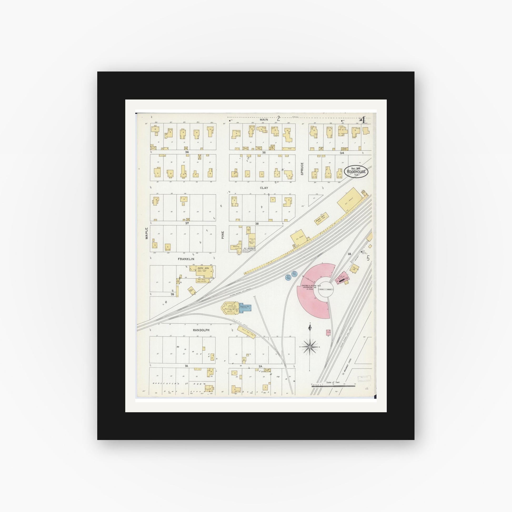 Old map wall art mockup — black gallery frame with white mat — Sanborn Fire Insurance Map from Roodhouse, Greene County, Illinois (1906), Sheet #0004