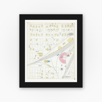 Old map wall art mockup — black gallery frame with white mat — Sanborn Fire Insurance Map from Roodhouse, Greene County, Illinois (1906), Sheet #0004