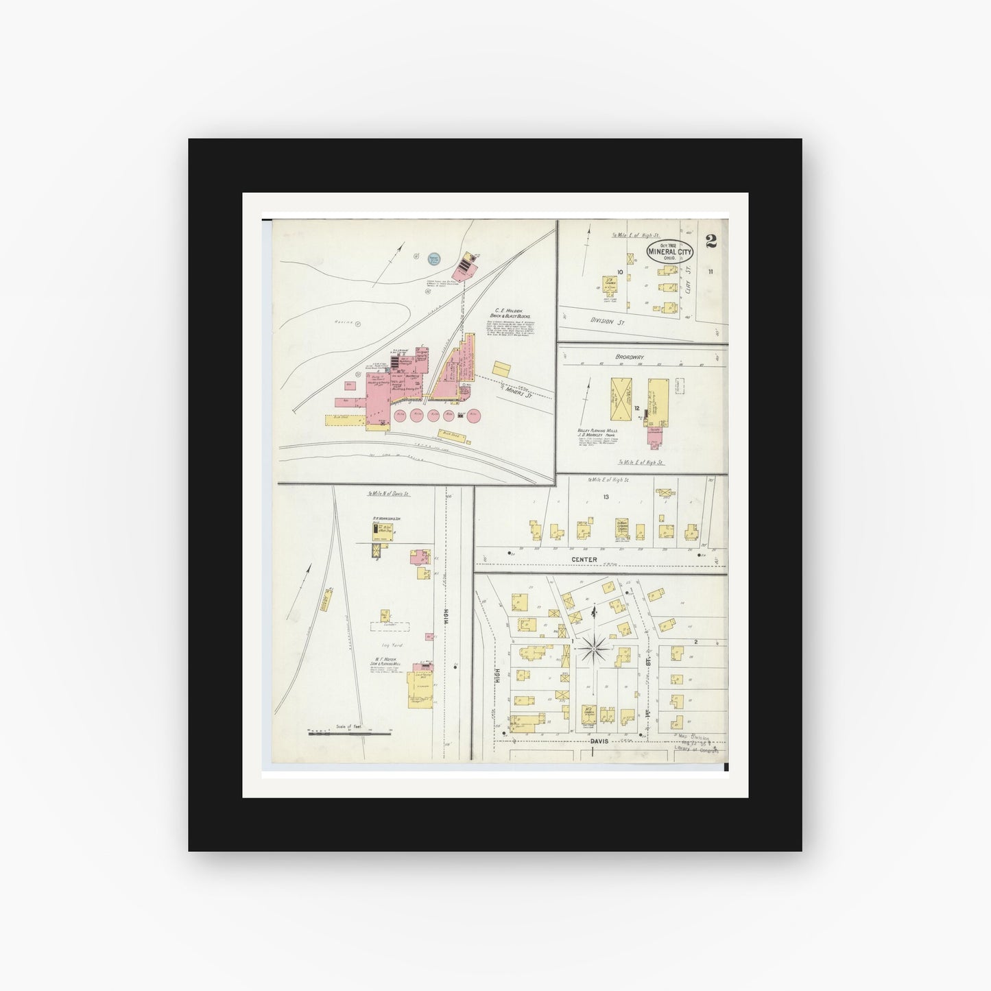 Old map wall art mockup — black gallery frame with white mat — Sanborn Fire Insurance Map from Mineral City, Tuscarawas County, Ohio (1902), Sheet #0002