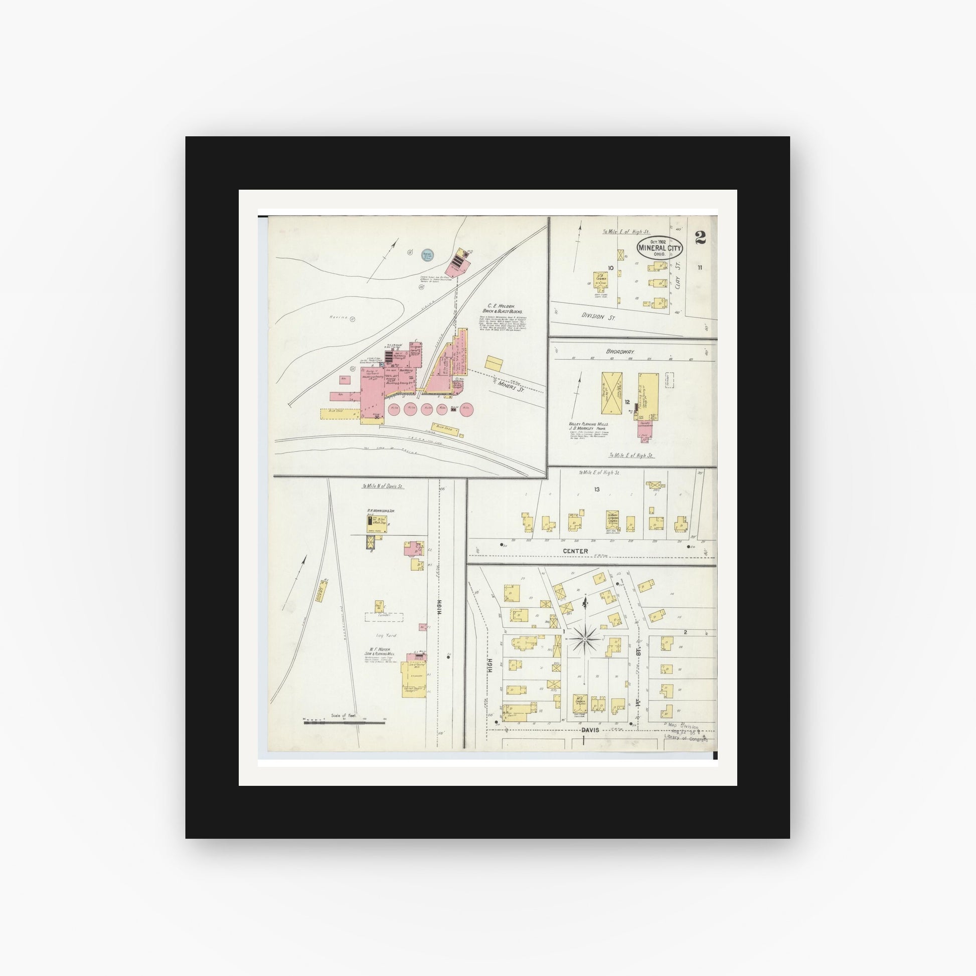 Old map wall art mockup — black gallery frame with white mat — Sanborn Fire Insurance Map from Mineral City, Tuscarawas County, Ohio (1902), Sheet #0002