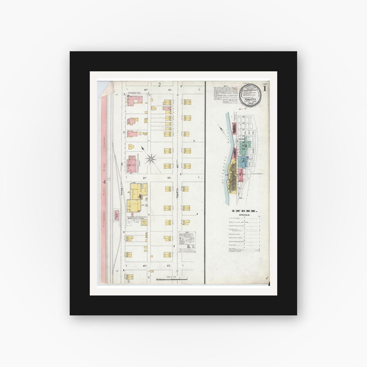 Old map wall art mockup — black gallery frame with white mat — Sanborn Fire Insurance Map from Ford City, Armstrong County, Pennsylvania (1899) - Complete Map Set