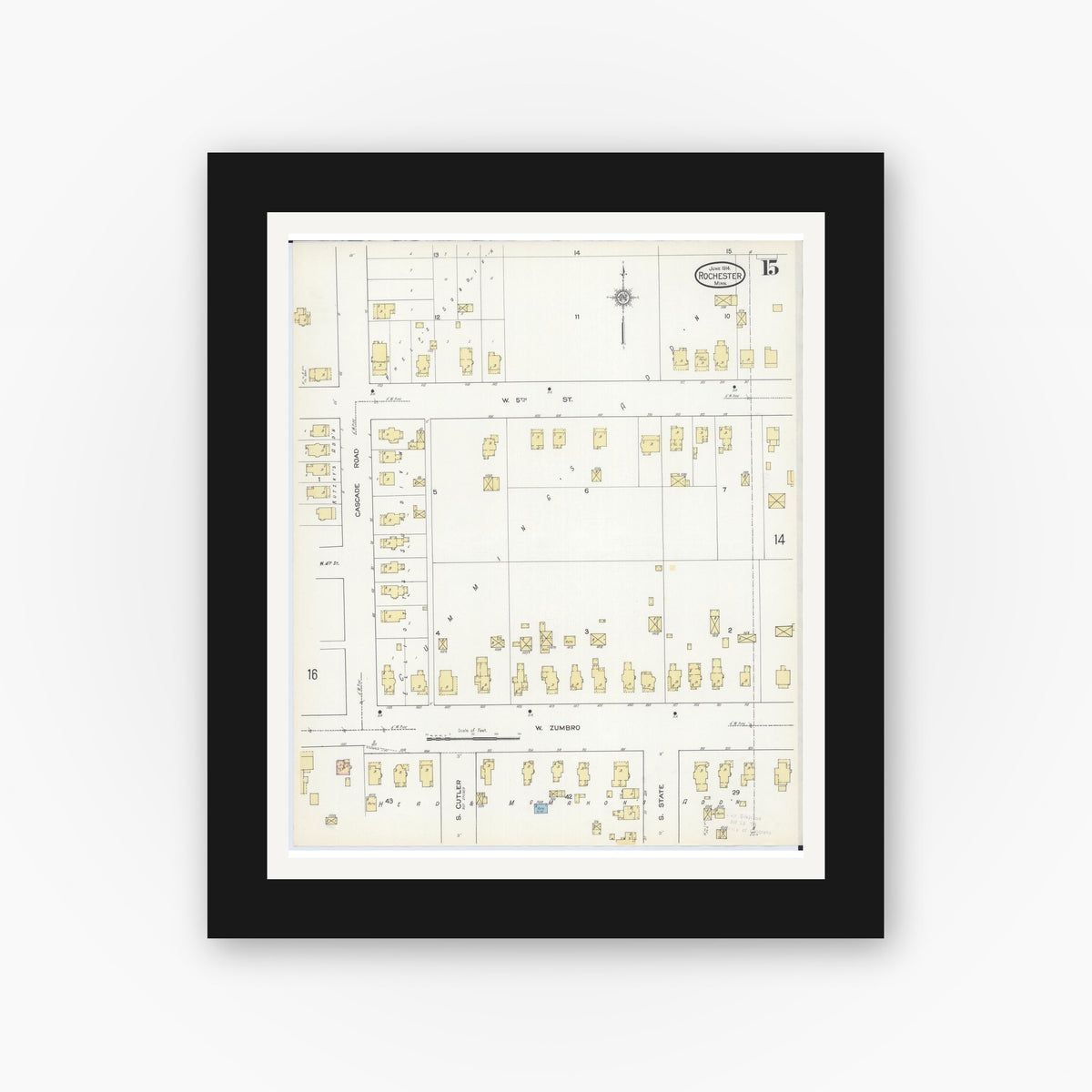 Old map wall art mockup — black gallery frame with white mat — Sanborn Fire Insurance Map from Rochester, Olmsted County, Minnesota (1914), Sheet #0015