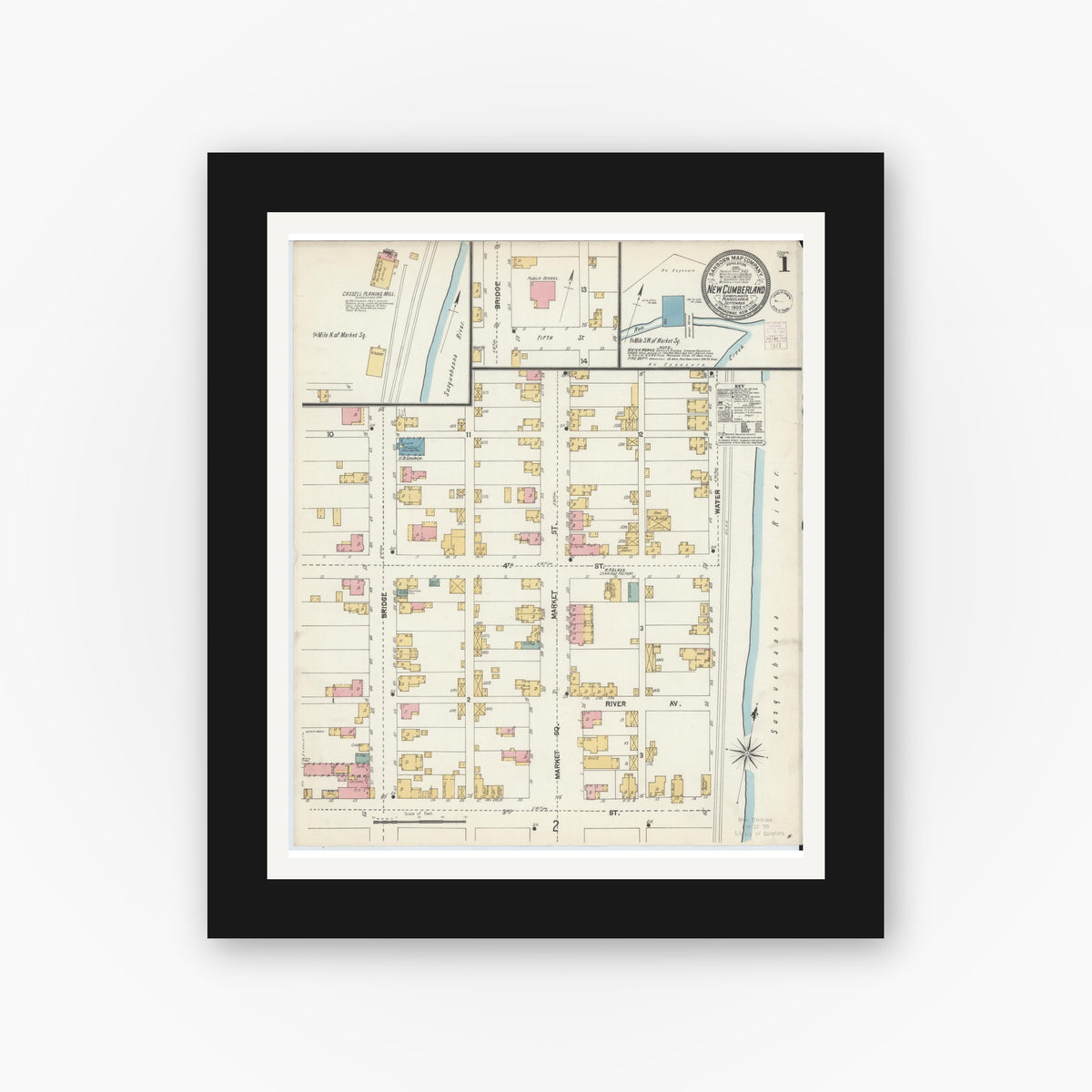 Old map wall art mockup — black gallery frame with white mat — Sanborn Fire Insurance Map from New Cumberland, Cumberland County, Pennsylvania (1902), Sheet #0001