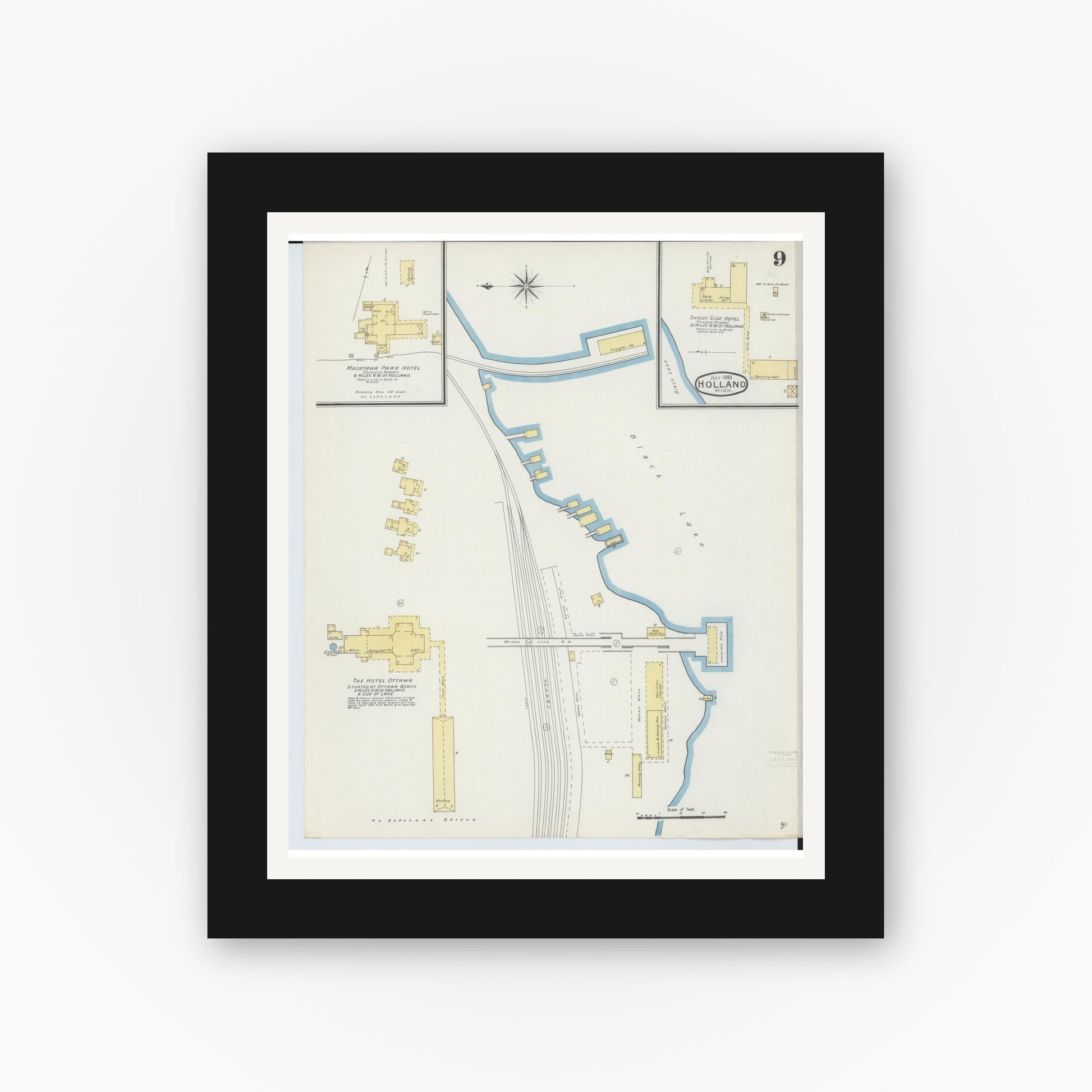 Old map wall art mockup — black gallery frame with white mat — Sanborn Fire Insurance Map from Holland, Ottawa County, Michigan (1893), Sheet #0009