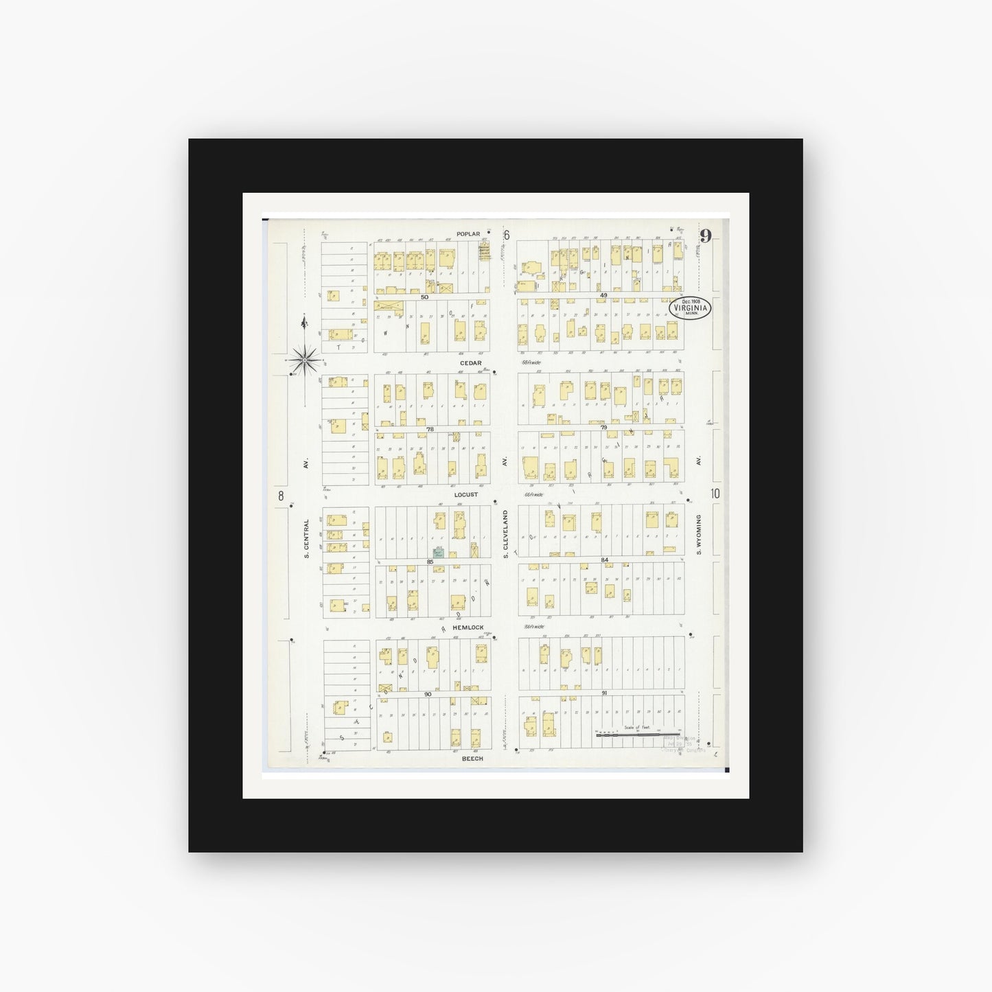 Old map wall art mockup — black gallery frame with white mat — Sanborn Fire Insurance Map from Virginia, Saint Louis County, Minnesota (1908), Sheet #0009