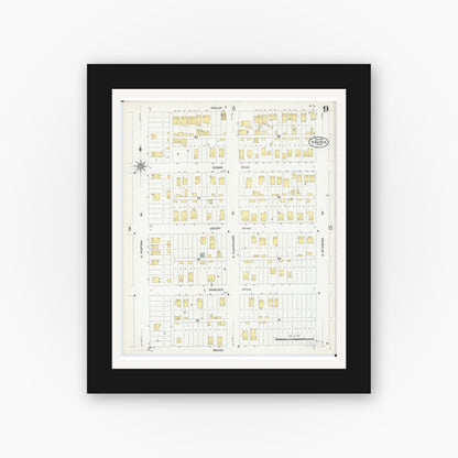 Old map wall art mockup — black gallery frame with white mat — Sanborn Fire Insurance Map from Virginia, Saint Louis County, Minnesota (1908), Sheet #0009