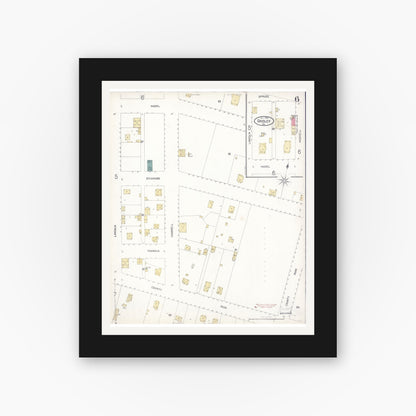 Old map wall art mockup — black gallery frame with white mat — Sanborn Fire Insurance Map from Gridley, Butte County, California (1902), Sheet #0006
