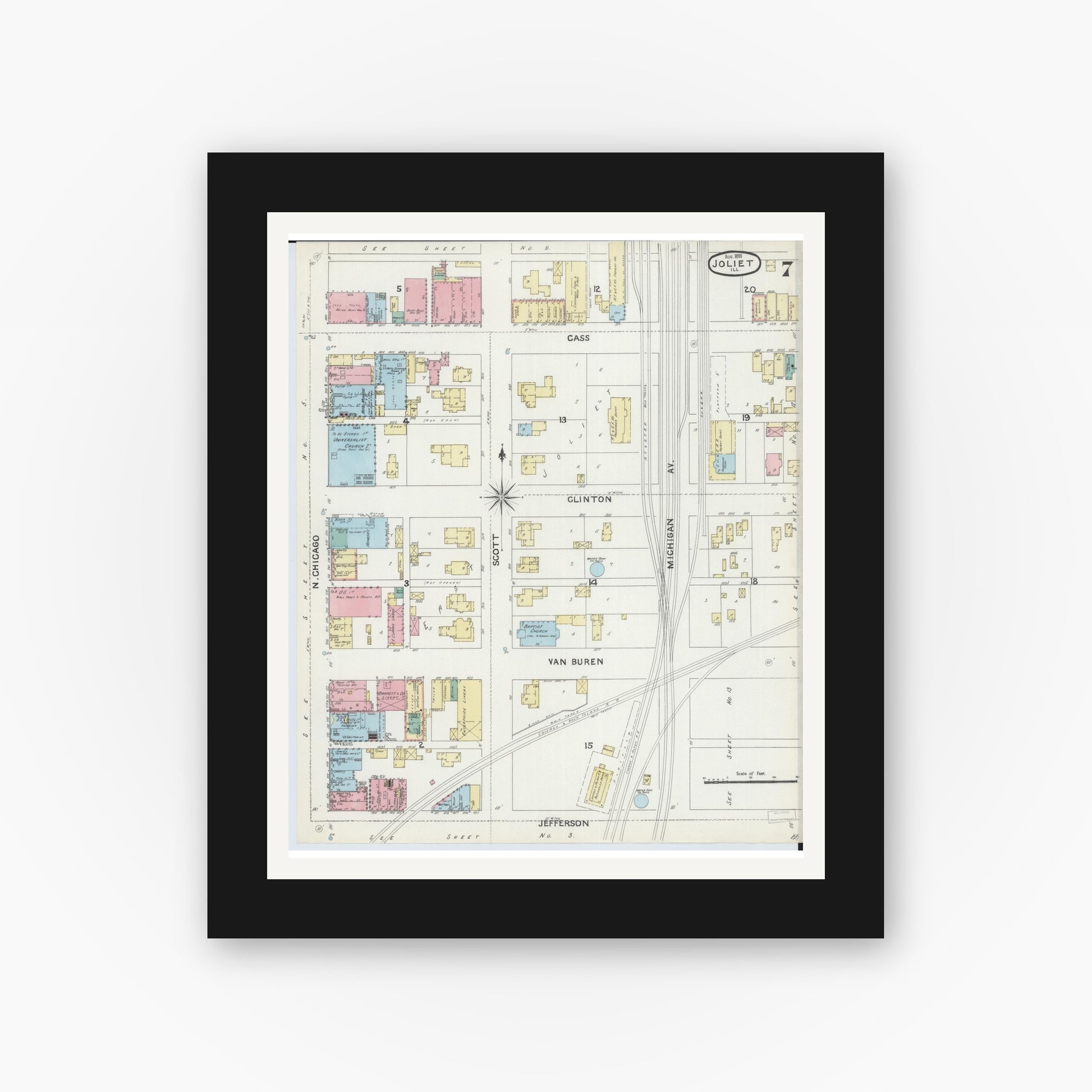 Old map wall art mockup — black gallery frame with white mat — Sanborn Fire Insurance Map from Joliet, Will County, Illinois (1891), Sheet #0007