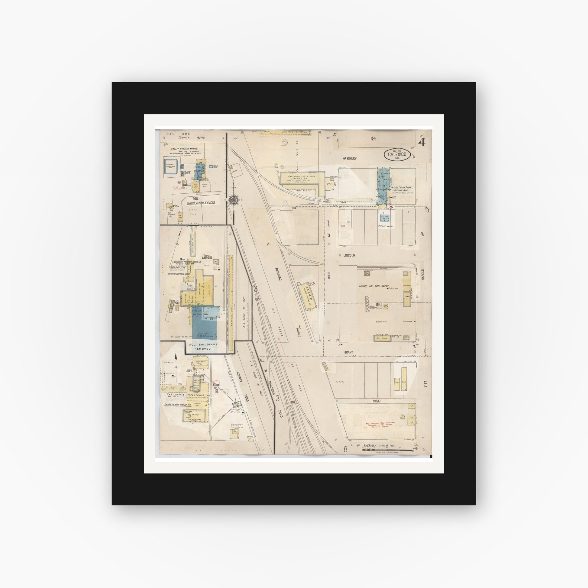 Old map wall art mockup — black gallery frame with white mat — Sanborn Fire Insurance Map from Calexico, Imperial County, California (1949), Sheet #0004