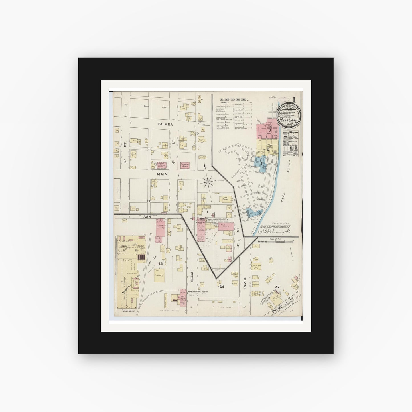 Old map wall art mockup — black gallery frame with white mat — Sanborn Fire Insurance Map from Middleport, Meigs County, Ohio (1888) - Complete Map Set
