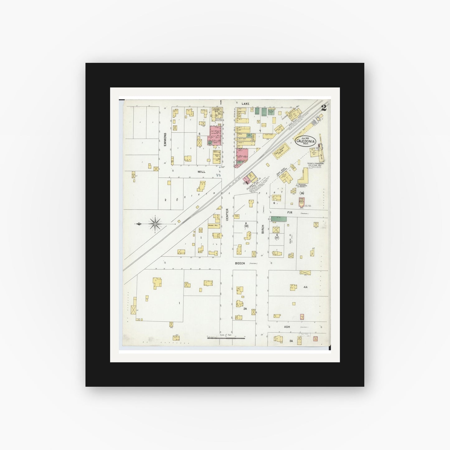 Old map wall art mockup — black gallery frame with white mat — Sanborn Fire Insurance Map from Caledonia, Kent County, Michigan (1902), Sheet #0002