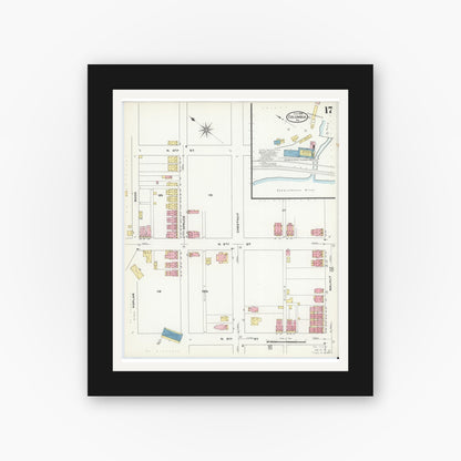 Old map wall art mockup — black gallery frame with white mat — Sanborn Fire Insurance Map from Columbia, Lancaster County, Pennsylvania (1909), Sheet #0017