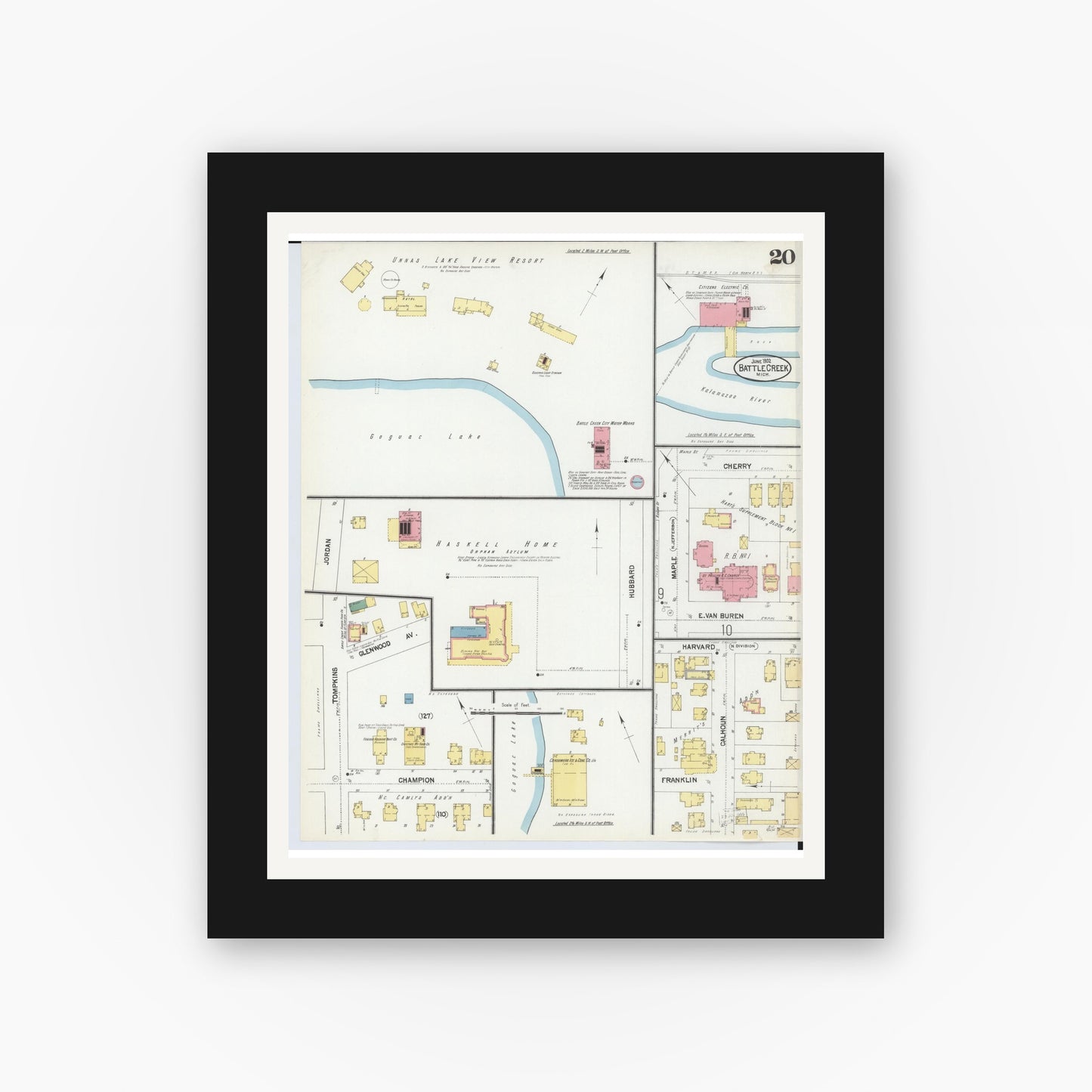 Old map wall art mockup — black gallery frame with white mat — Sanborn Fire Insurance Map from Battle Creek, Calhoun County, Michigan (1902), Sheet #0020