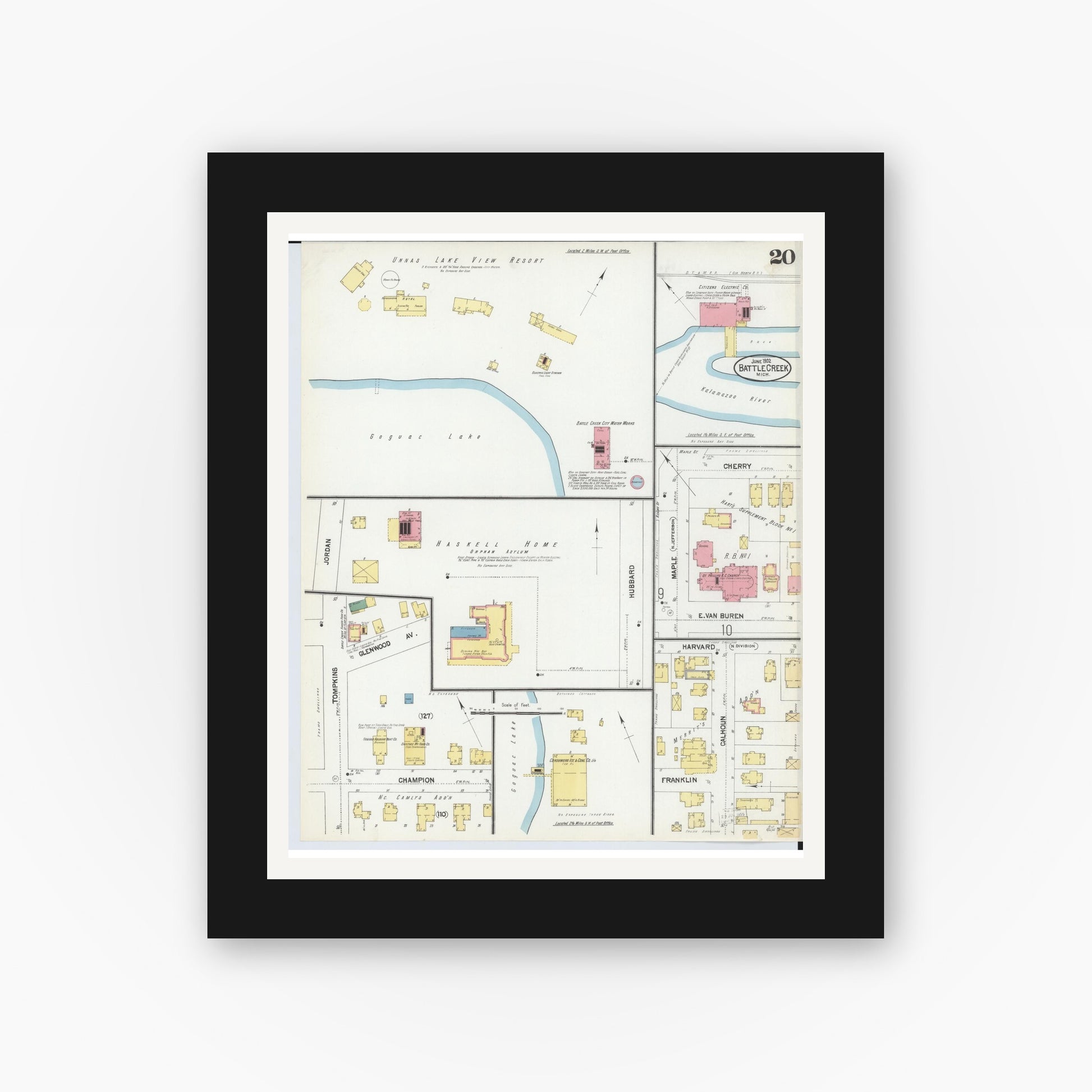 Old map wall art mockup — black gallery frame with white mat — Sanborn Fire Insurance Map from Battle Creek, Calhoun County, Michigan (1902), Sheet #0020