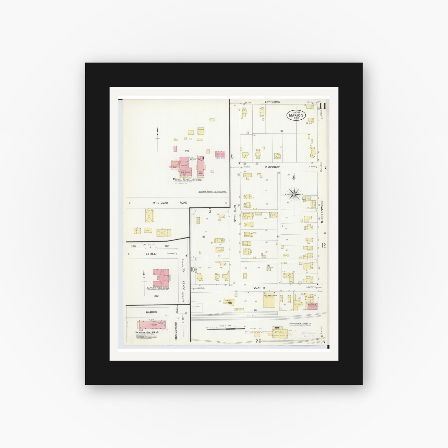 Old map wall art mockup — black gallery frame with white mat — Sanborn Fire Insurance Map from Marion, Marion County, Ohio (1908), Sheet #0011