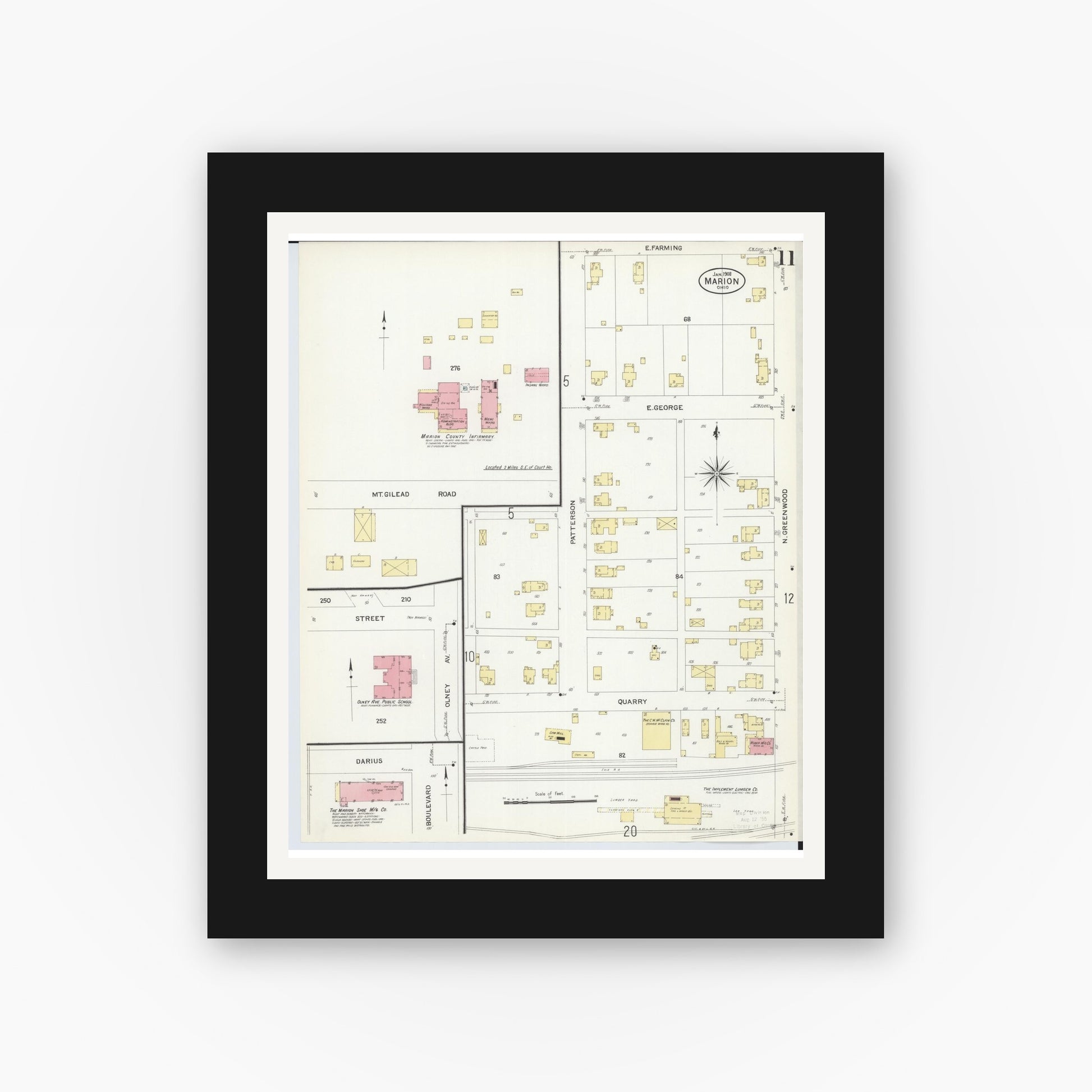 Old map wall art mockup — black gallery frame with white mat — Sanborn Fire Insurance Map from Marion, Marion County, Ohio (1908), Sheet #0011