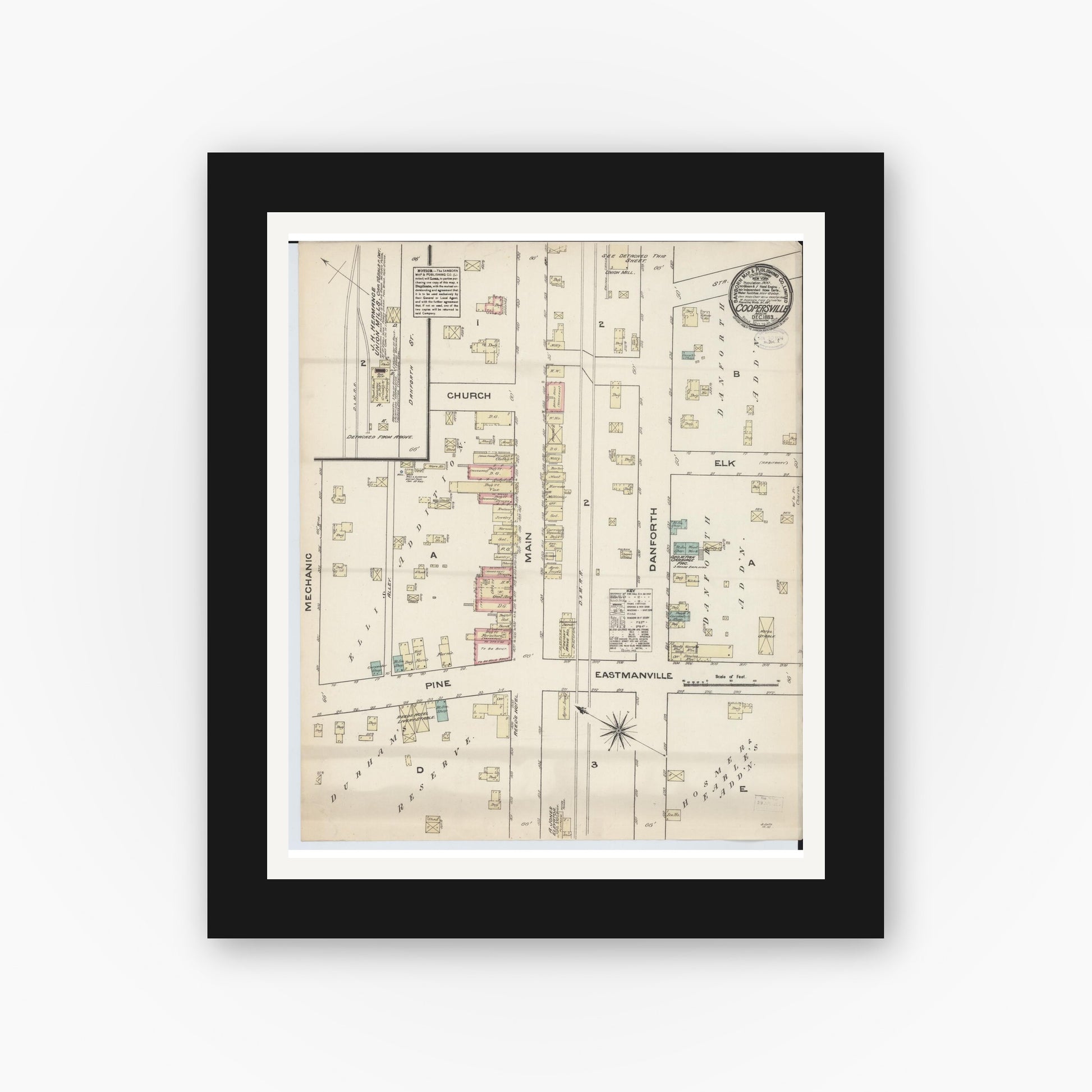 Old map wall art mockup — black gallery frame with white mat — Sanborn Fire Insurance Map from Coopersville, Ottawa County, Michigan (1883), Sheet #0001