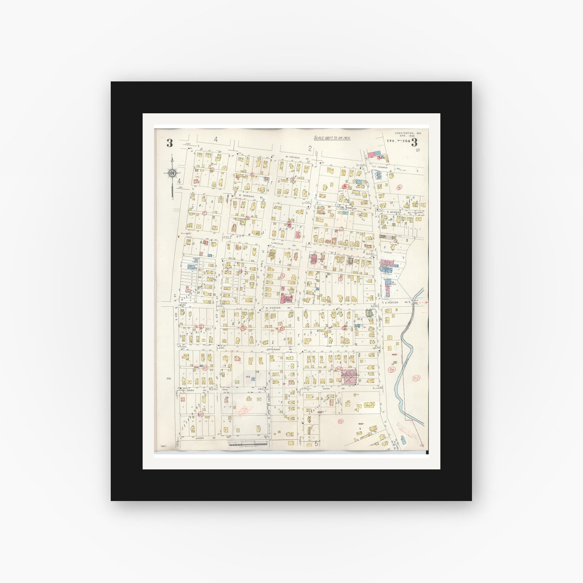 Old map wall art mockup — black gallery frame with white mat — Sanborn Fire Insurance Map from Chesterton, Porter County, Indiana (1951), Sheet #0003
