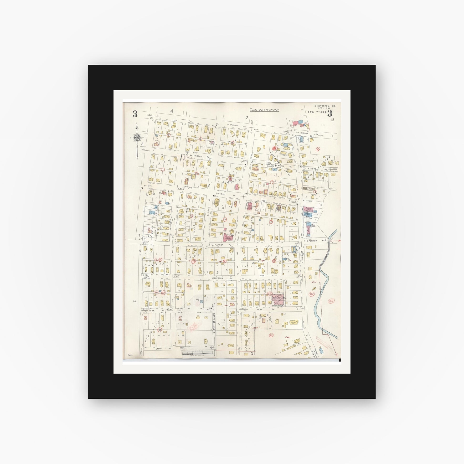 Old map wall art mockup — black gallery frame with white mat — Sanborn Fire Insurance Map from Chesterton, Porter County, Indiana (1951), Sheet #0003
