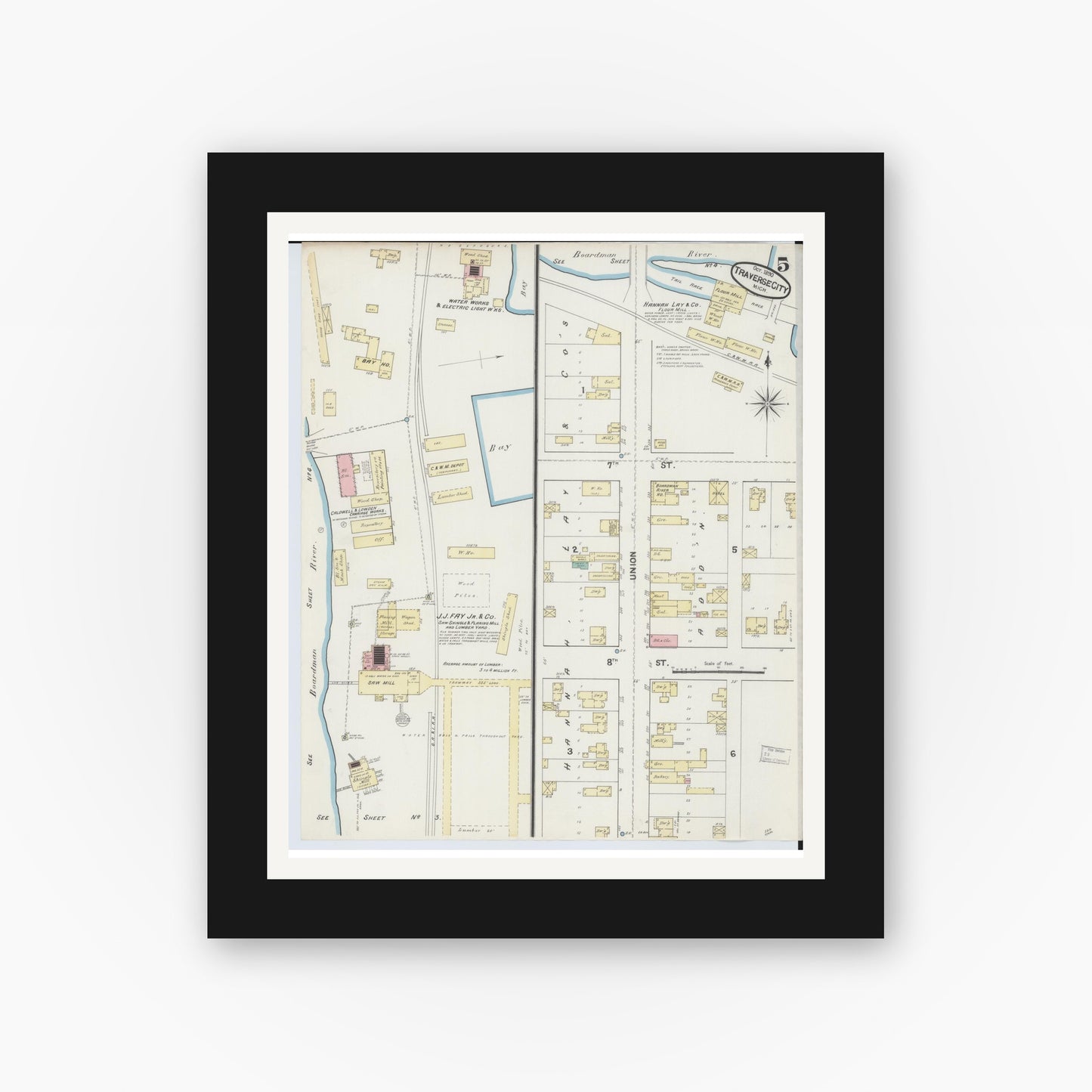 Old map wall art mockup — black gallery frame with white mat — Sanborn Fire Insurance Map from Traverse City, Grand Traverse County, Michigan (1890), Sheet #0005