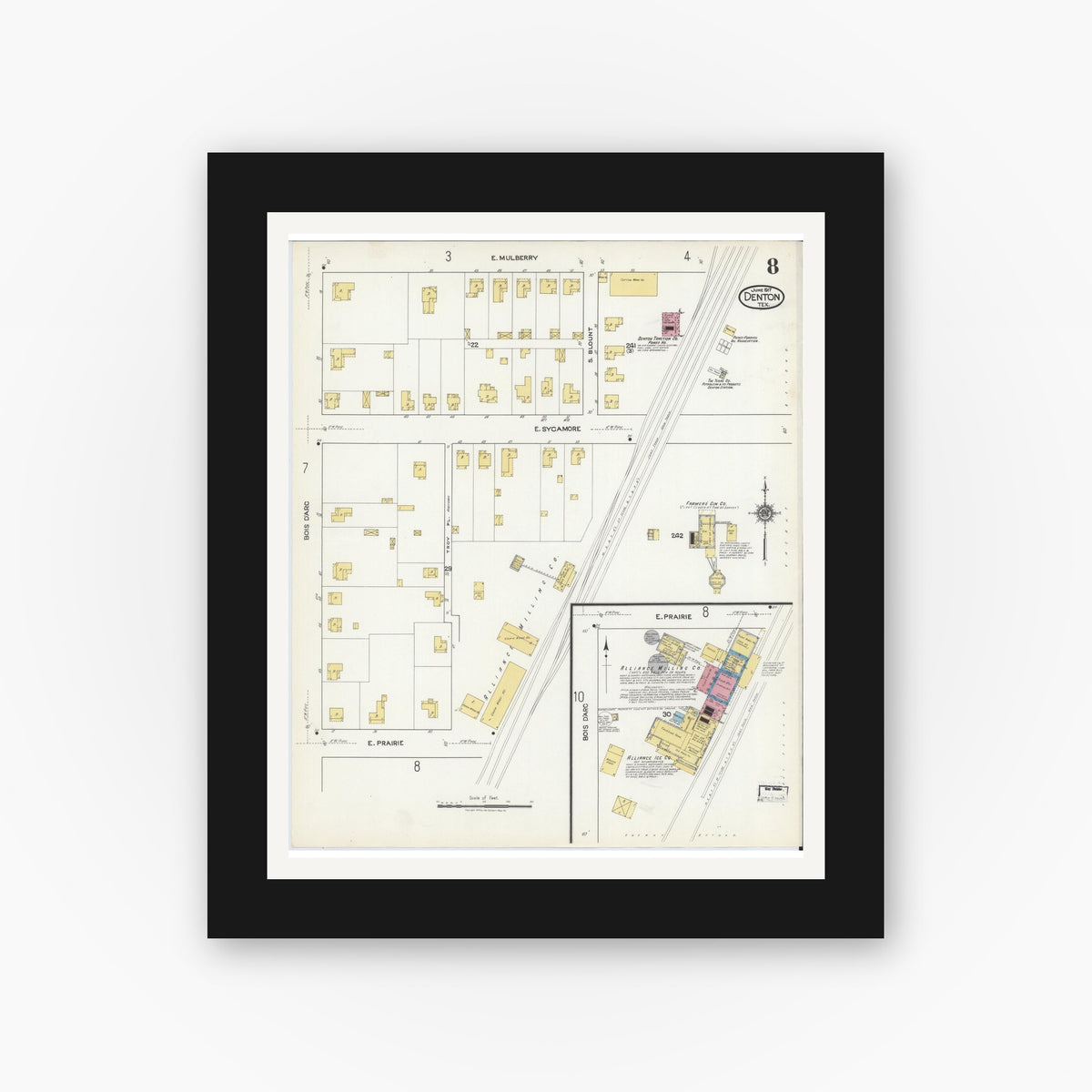 Old map wall art mockup — black gallery frame with white mat — Sanborn Fire Insurance Map from Denton, Denton County, Texas (1917), Sheet #0008
