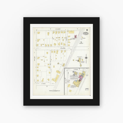 Old map wall art mockup — black gallery frame with white mat — Sanborn Fire Insurance Map from Denton, Denton County, Texas (1917), Sheet #0008
