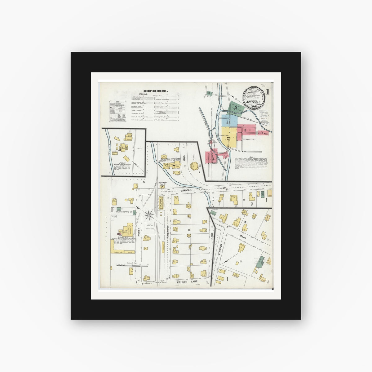 Old map wall art mockup — black gallery frame with white mat — Sanborn Fire Insurance Map from Westfield, Tioga County, Pennsylvania (1900) - Complete Map Set