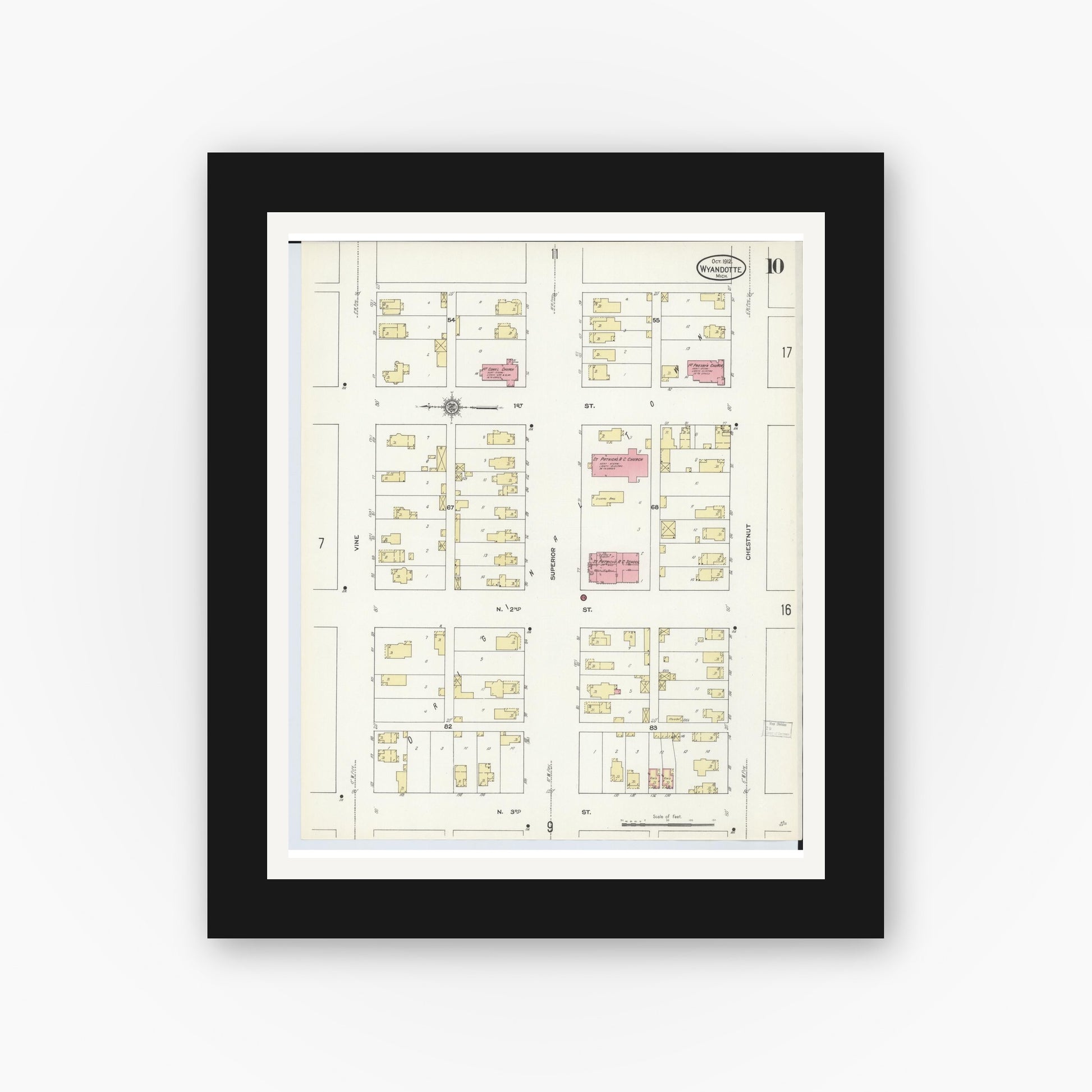 Old map wall art mockup — black gallery frame with white mat — Sanborn Fire Insurance Map from Wyandotte, Wayne County, Michigan (1912), Sheet #0010